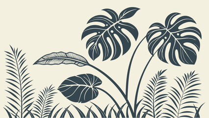 Tropical leaves illustration botanical print jungle foliage dark teal silhouettes minimalist design nature artwork exotic plants summer vibes floral pattern wallpaper design fabric prin.