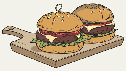 Two Delicious Cheeseburgers on a Wooden Cutting Board Fast Food Menu Illustration Restaurant Graphics.
