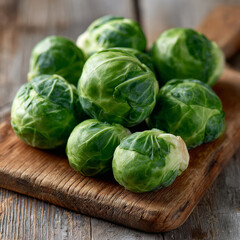 Fototapeta premium Brussels sprouts on a wooden board on a rustic surface