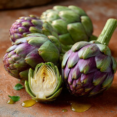Obraz premium Fresh artichokes on a rustic surface.