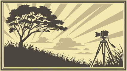 Vintage camera on tripod in nature scene photography equipment sunrise landscape silhouette artistic illustration.