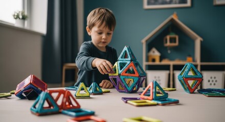 Young boy plays with colorful magnetic building tiles on a table indoors, focused on creation