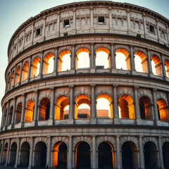 Fototapeta premium Beautiful sunset illuminating the ancient arches of the Colosseum in Rome during golden hour