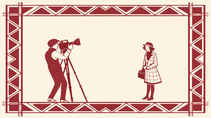 Vintage Filmmaking Scene Cameraman and Subject in Decorative Frame.