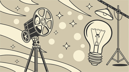 Vintage Film Reel Lightbulb and Studio Lighting on Tripods Retro Design Illustration.