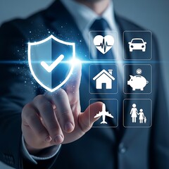 Digital shield protecting life health home auto family and financial future security concept