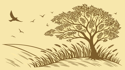 Vintage illustration of a tree birds and grass in a field.