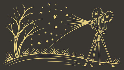 Vintage Movie Camera in Night Scene with Stars and Trees.