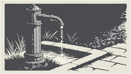 Vintage Water Pump in Garden Setting Hand-drawn illustration Monochrome Nature Water Feature Rustic Retro Style.