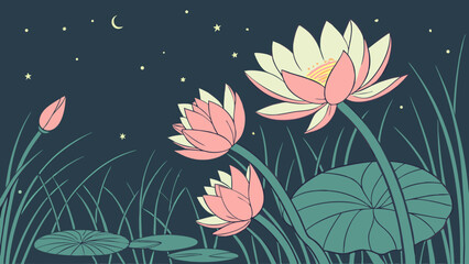 Water Lilies at Night Peaceful Floral Illustration Night Bloom Botanical Art Serenity Moonlit Scene.