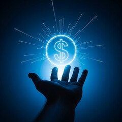 Glowing digital dollar symbol held above open hand emitting futuristic light beams