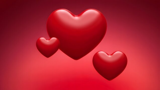 Three glossy red hearts floating on a red gradient background