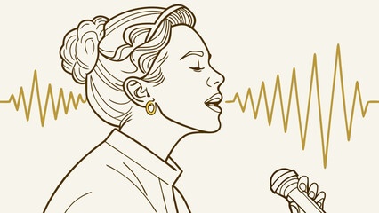 Woman singing into microphone line art illustration sound wave vocal music audio singing performance retro style vintage illustration profile view elegant sophisticated graphic design.