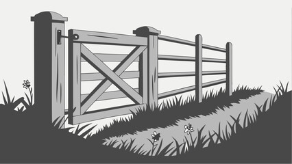 Wooden Gate and Fence in Grassy Landscape Rustic Countryside Scene Rural Setting Illustration.
