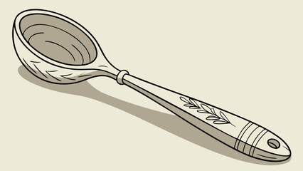 Wooden Ladle Illustration Kitchen Utensil Cooking Tool Rustic Design Engraved Handle Vector Graphic Sepia Tone Food Prep Culinary Art Hand Drawn Style.