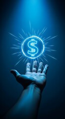 Glowing dollar sign emitting light from hand concept of digital finance and online transactions