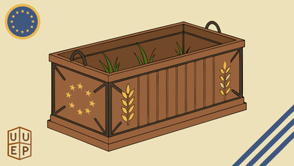 Wooden planter box with wheat design isometric view brown plants container gardening agriculture harvest.