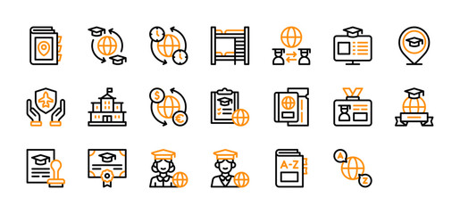 Set of Study Abroad icon. University, Time Zone, Exchange Program, Guidebook, Student Id Card, Education, Study, Bunk Bed, Language Learning, Dictionary, Cultural Exchange, Computer Screen vector. 