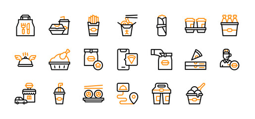 Set of Food Delivery icon. Menu, Drink Carrier, Take Away Bag, French Fries, Noodles Box, Burrito, Coffee, Fried Chicken, Cooked Turkey, Hand Delivering Package, Pizza Box, Customer Service vector. 