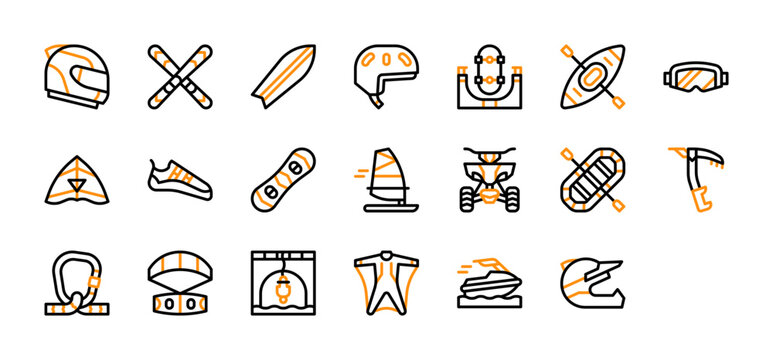 Set of Extreme Sports icon. Helmet, Ski, Surf, Helmet, Skateboard Ramp, Kayak, Ski Goggles, Hang Glider, Climbing Shoes, Snowboard, Windsurf, Quad, Rafting Boat, Ice Axe, Carbine vector. 