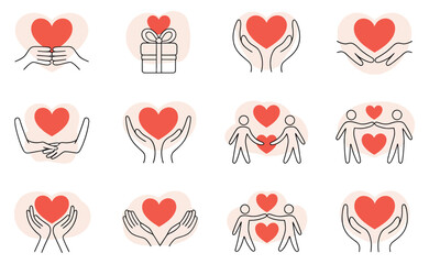 Collection of simple line art icons featuring hands holding red hearts symbolizing care and love