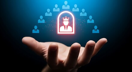 Human hand showcases glowing profile icon symbolizing talent recognition and selection