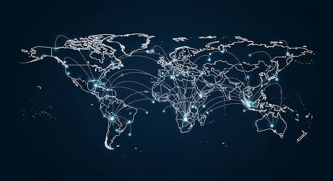 Global network connections showing worldwide business reach and international trade routes, a modern map for logistics and technology solutions - Powered by Adobe