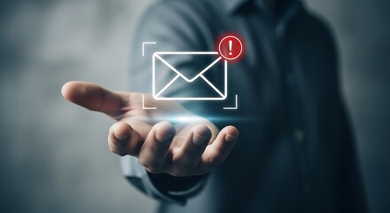 Person holding holographic email icon with notification symbol representing digital communication