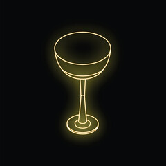 Glowing neon yellow cocktail glass standing on black background