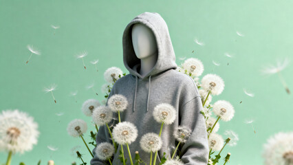 A faceless mannequin in a grey hoodie stands among blowing dandelions. A surreal concept of fashion meeting nature, spring, or allergy season.