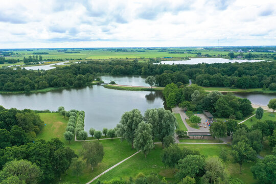 Aerial view of De Alde Feanen National Park in the Dutch province of Friesland. The park offers a diverse landscape with moors, heathlands, and open water. Leeuwarden, Netherlands
