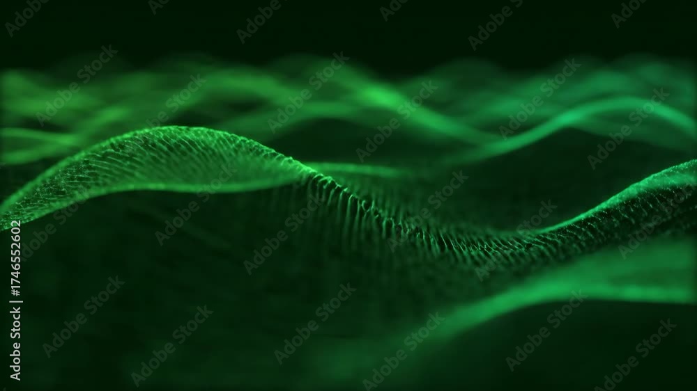 Poster seamlessly looping video displaying elegant green abstract light waves flowing and rippling across a