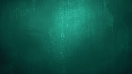 Abstract Dark teal grunge background with rough concrete texture, scratches, and faded paint. Softly lit center and dark edges with a moody, industrial, vintage, cinematic look in deep emerald tones