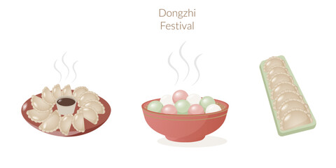 Holiday asian elements collection. Vector illustrations for Dongzhi festival and winter celebration. Chinese winter solstice art for menu template, website banner, promotional materials