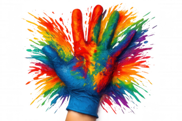 Hand covered in exploding rainbow paint colors, showing art, creativity, diversity, and vibrant expression, transparent background