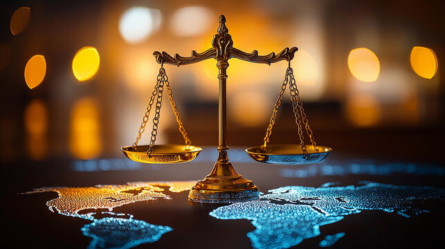 Golden balance scale on vibrant world map background Generative AI - Powered by Adobe