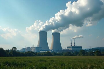 Sprawling Coal-Fired Power Plant Dominates Cloudy Landscape, Billowing Smoke Stacks and Turbine Showing Industrial Energy Production and Environmental Impact