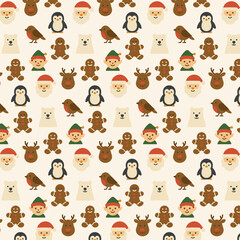 Christmas Character Pattern – Santa, Reindeer, Penguin, and Gingerbread Seamless Vector