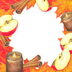 Hand drawn frame with cinnamon sticks, apple slices, dark glass candle and autumn maple leaves for graphic design.