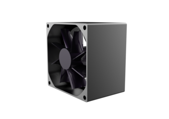 Advanced Thermal Management Solution: Detailed 3D Rendering of a Modern Metallic PC Cooling Fan Module for CPU and Power Supply Ventilation. Isolated high-performance electronic hardware component on