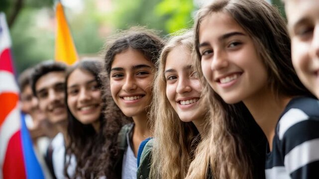 Diverse group of smiling young people outdoors with flags