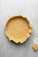 Overhead view of tart crust dough being placed in tart tin, process of making tart shell