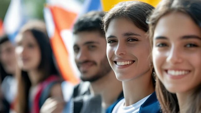 Smiling young woman in crowd of diverse people holding flags