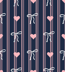Pink hearts and  bows on threads, cute seamless romantic pattern, loopable background for wrapping paper, fabric, posters, banners, cards. Valentine's Day concept.