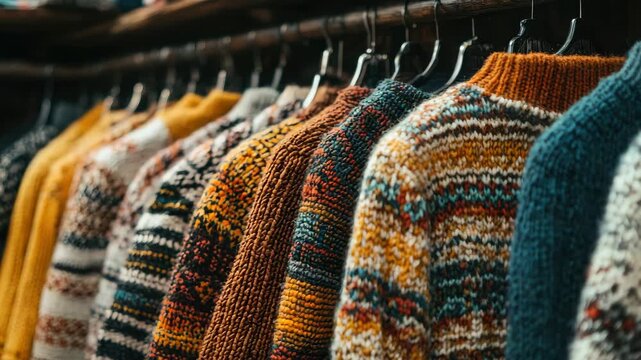 Colorful handmade woolen sweaters hanging in row