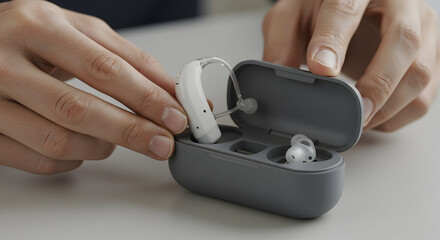 Fototapeta premium Hands Holding Wireless Earbuds While Placing Inside Charging Case on a Minimalist Desk Surface in a Contemporary Workspace