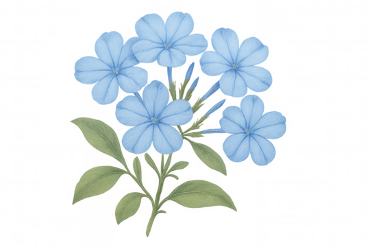 Plumbago auriculata flowers illustration with green leaves, watercolor drawing isolated on transparent background