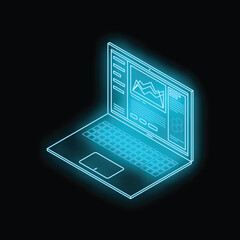 Glowing blue laptop displaying data analysis on its screen, representing futuristic technology and data visualization