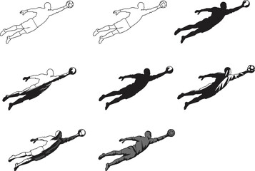 Soccer goalkeeper dive illustration set, sports action pose, vector sketch styles, shading techniques, animation frame sequence, athlete motion study, editable artwork