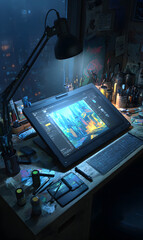Fototapeta premium Artist workplace showcasing digital art creation with interactive display professional desktop design studio for painting concept illuminated by warm lamp for precise digital
